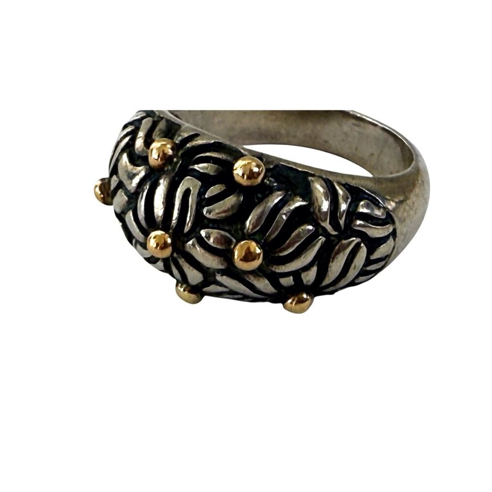 Vintage 90's 925 silver Floral Dome Ring Gold Vermeil Dots 6.4g Size 6 3/4 - Picture 4 of 12